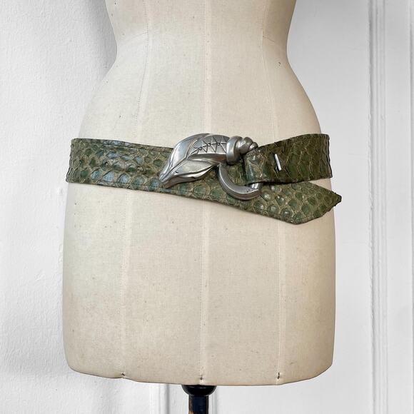 80s Snake Head Buckle Snakeskin Belt  Leather Vintage Giant Buckle Exotic Lthr - Picture 7 of 9